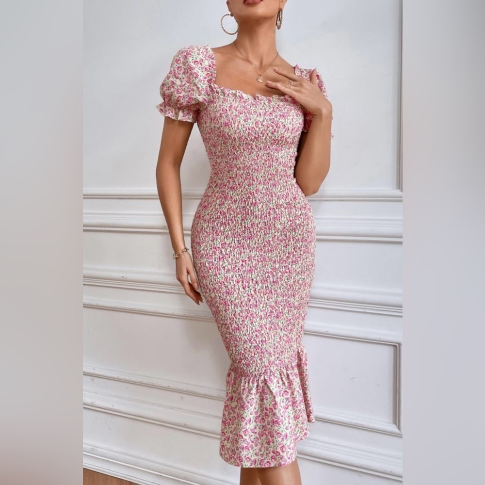 Pretty Garden L Fashion Pink Floral Midi Ruffled Bodycon Mermaid Dress Puff
